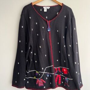 Coldwater Creek Black V-Neck Winter Motif Gloves Hats Mittens Zip Cardigan 3X